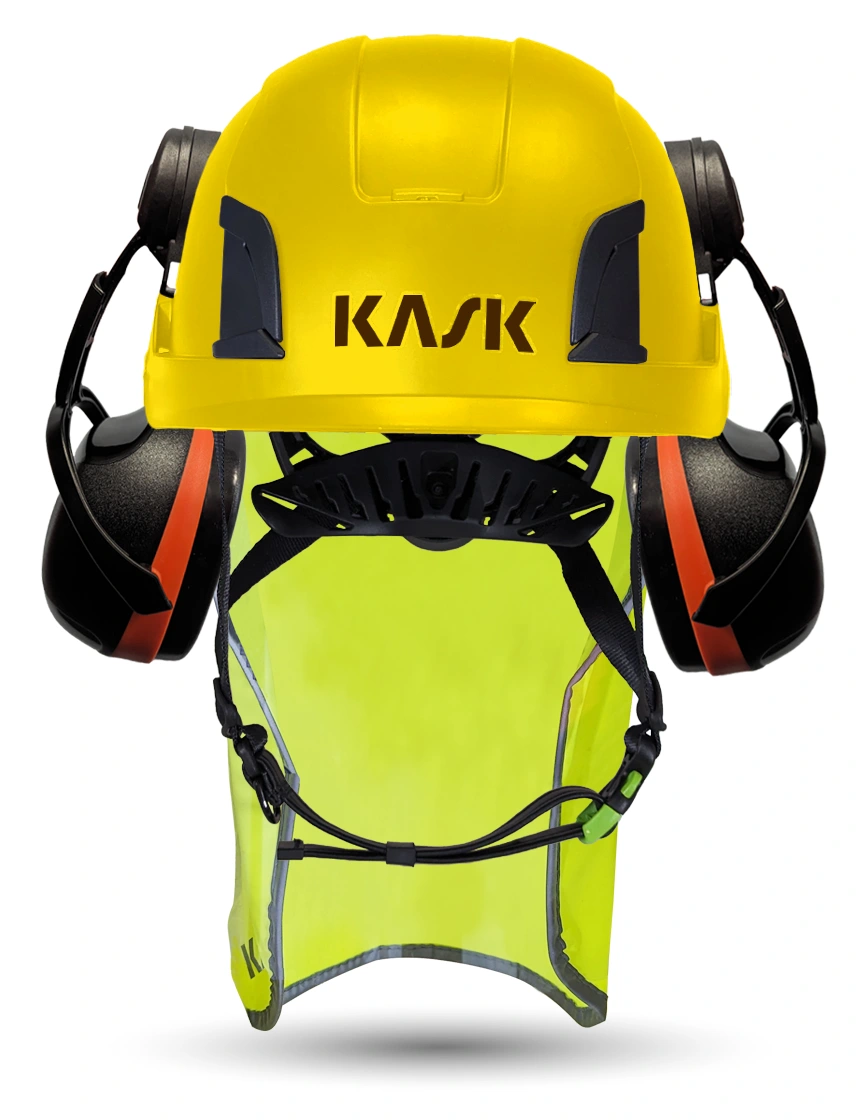 Yellow Kask Zenith X2 ANSI Safety Helmet with Orange Ear Muffs (High Noise Reduction - 29-31 dB) \u0026 10\" Neck Protector (Yellow Fluorescent)