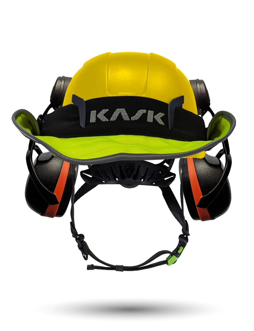 Yellow Kask Zenith X2 ANSI Safety Helmet with Orange Ear Muffs (High Noise Reduction - 29-31 dB) \u0026 360-degree Sun Shield (Yellow Fluorescent)
