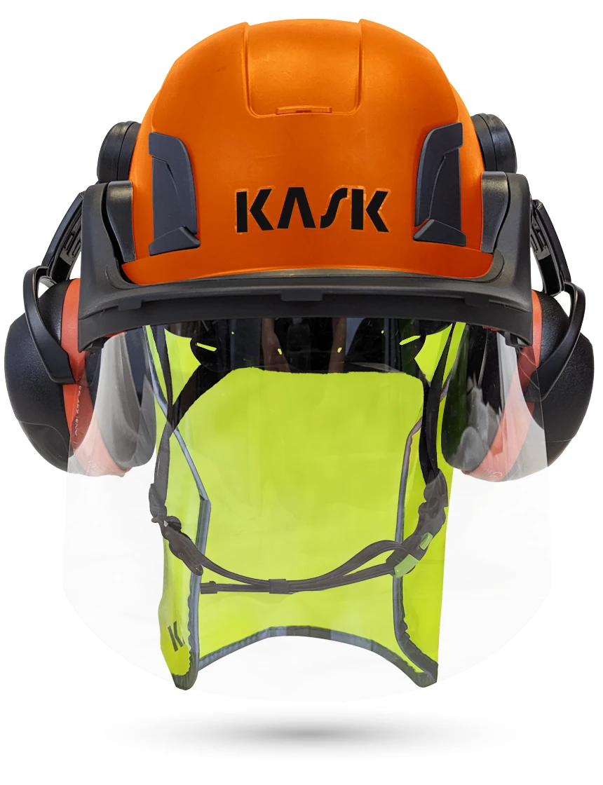 Orange Kask Zenith X2 ANSI Class E Safety Helmet w/ Full-Face Shield \u0026 Brim Kit (Clear) \u0026 Orange Ear Muffs (High Noise Reduction - 29-31 Db) \u0026 10\" Neck Protector (Yellow Fluorescent)