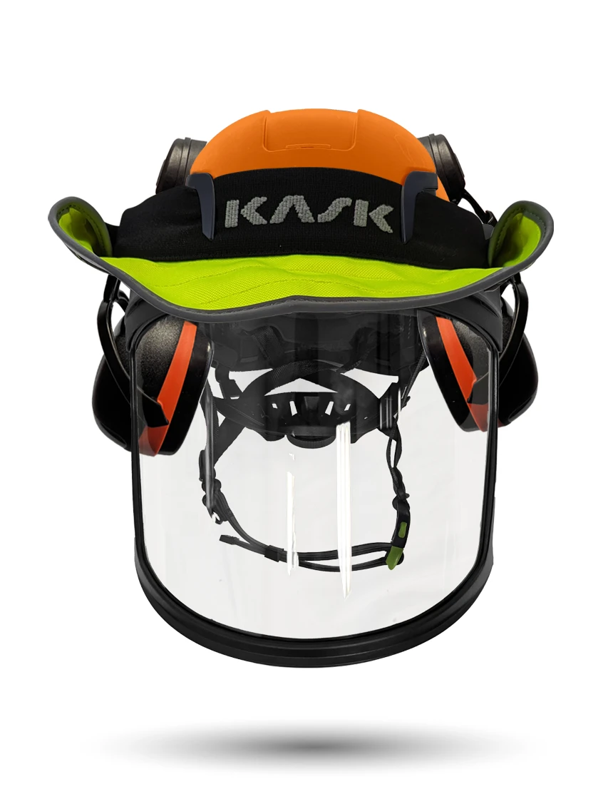 Orange Kask Zenith X2 ANSI Class E Safety Helmet w/ Full-Face Visor Kit (Clear) \u0026 Orange Ear Muffs (High Noise Reduction - 29-31 Db) \u0026 360-Degree Sun Shield (Yellow Fluorescent)