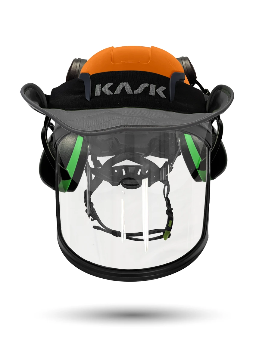 Orange Kask Zenith X2 ANSI Class E Safety Helmet w/ Full-Face Visor Kit (Clear) \u0026 Green Ear Muffs (Low Noise Reduction - 23-25 Db) \u0026 360-Degree Sun Shield (Anthracite Gray)