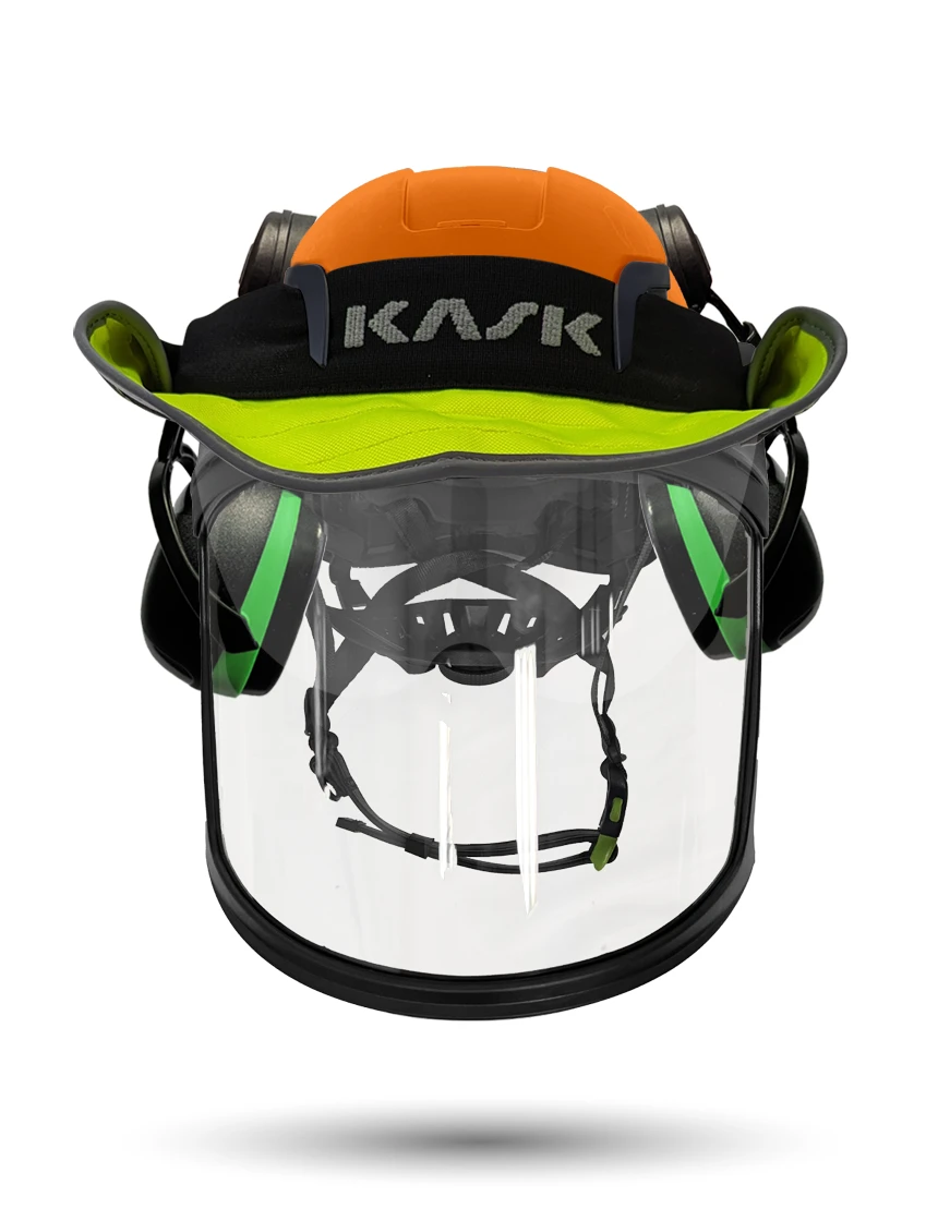 Orange Kask Zenith X2 ANSI Class E Safety Helmet w/ Full-Face Visor Kit (Clear) \u0026 Green Ear Muffs (Low To Medium Noise Reduction - 23-25 Db) \u0026 360-Degree Sun Shield (Yellow Fluorescent)