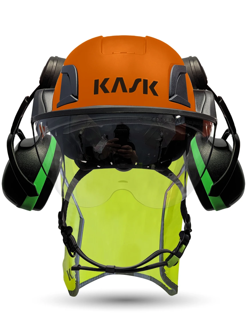 Orange Kask Zenith X2 ANSI Class E Safety Helmet w/ Half-Face Visor Kit (Clear) \u0026 Green Ear Muffs (Low To Medium Noise Reduction - 23-25 Db) \u0026 10\" Neck Protector (Yellow Fluorescent)