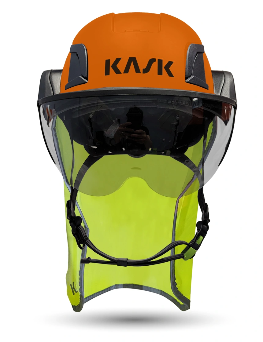 Orange Kask Zenith X2 ANSI Class E Safety Helmet w/ Half-Face Visor Kit (Silver Mirror) \u0026 10\" Neck Protector (Yellow Fluorescent)