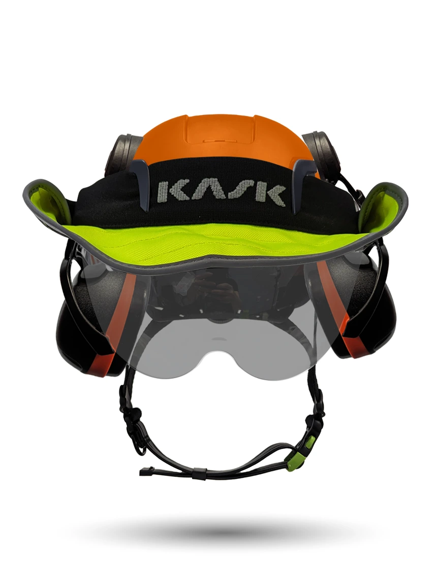 Orange Kask Zenith X2 ANSI Class E Safety Helmet w/ Half-Face Visor Kit (Smoke) \u0026 Orange Ear Muffs (High Noise Reduction - 29-31 Db) \u0026 360-Degree Sun Shield (Yellow Fluorescent)