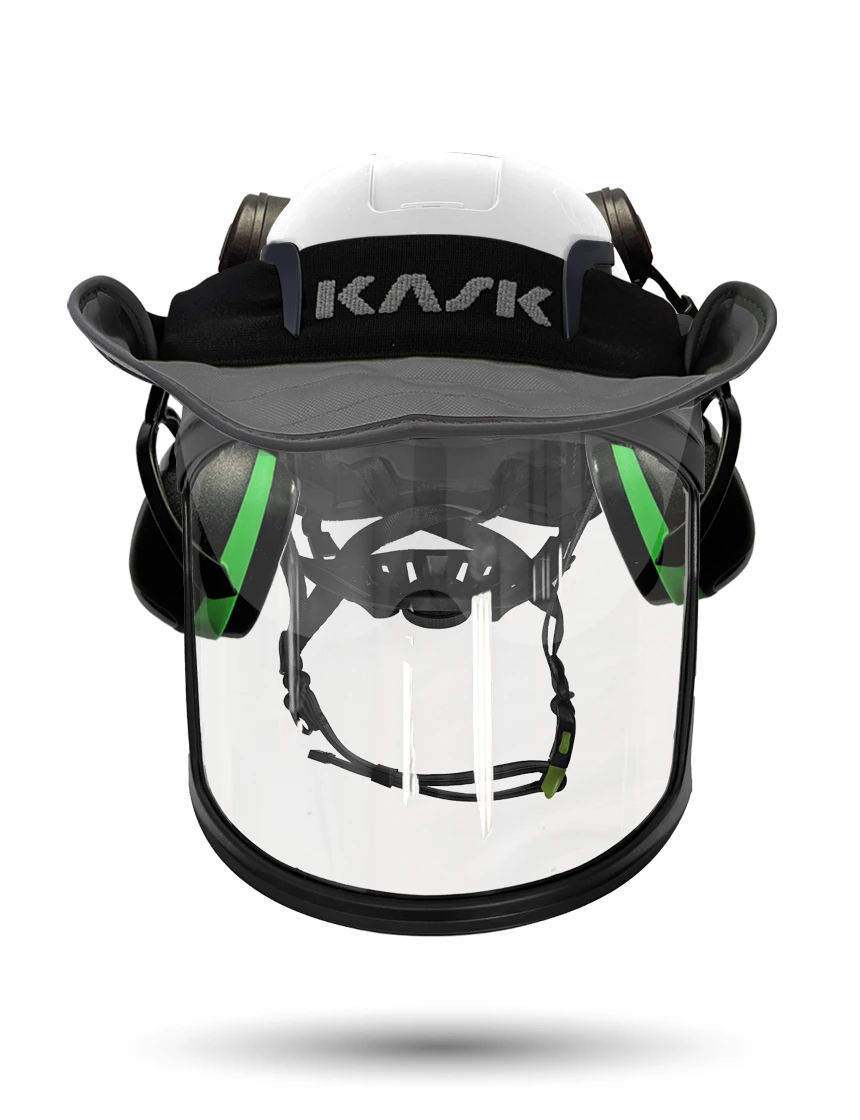 White Kask Zenith X2 ANSI Class E Safety Helmet w/ Full-Face Visor Kit (Clear) \u0026 Green Ear Muffs (Low Noise Reduction - 23-25 Db) \u0026 360-Degree Sun Shield (Anthracite Gray)