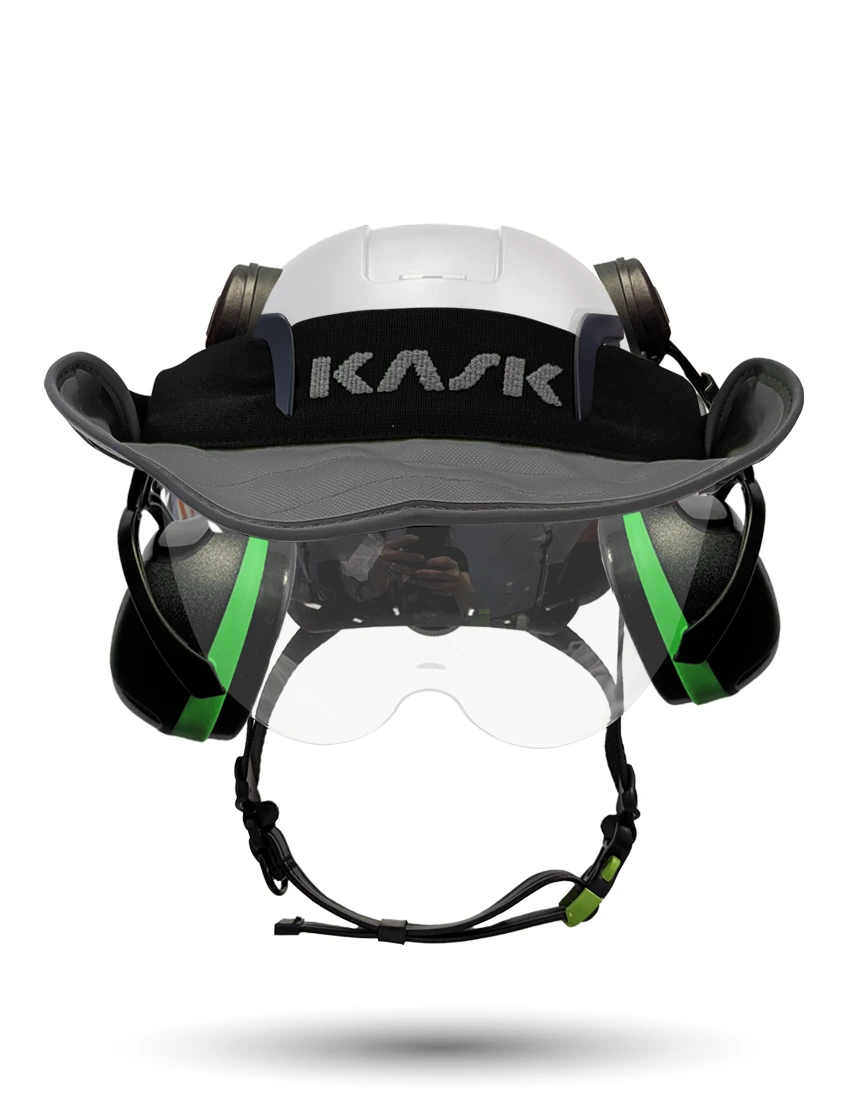White Kask Zenith X2 ANSI Class E Safety Helmet w/ Half-Face Visor Kit (Clear) \u0026 Green Ear Muffs (Low Noise Reduction - 23-25 Db) \u0026 360-Degree Sun Shield (Anthracite Gray)