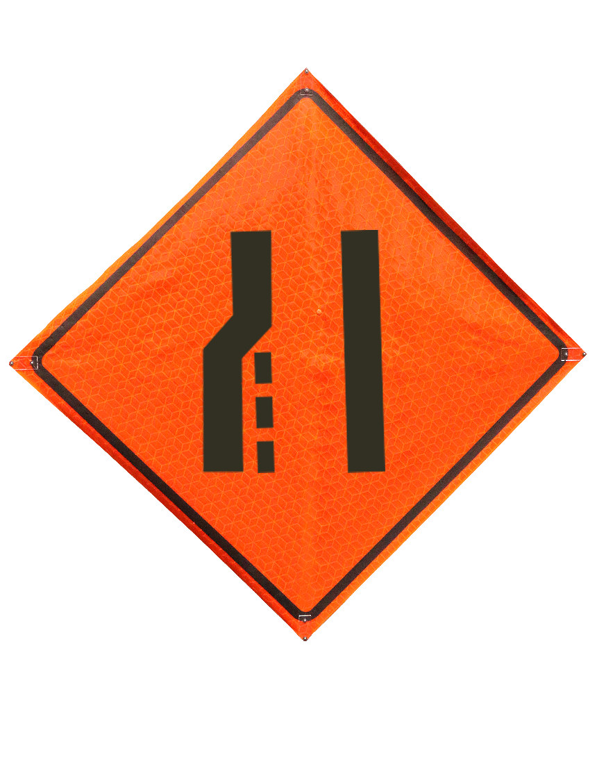 36\", Heavy Duty, Marathon Reflective Roll Up Sign, Left Lane Ending Symbol