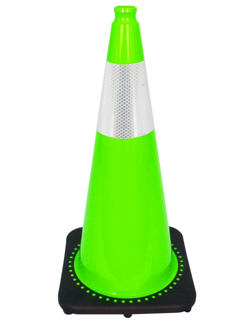 Lime 28 inch 7 lbs JBC Black Base Traffic Cone with 6\" Reflective Collar