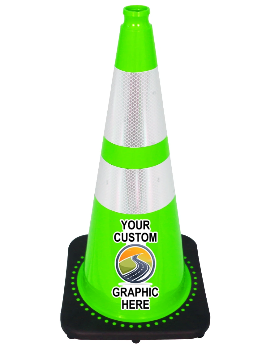 Lime 28\" 7 lbs JBC Black Base Traffic Cone w/ 6\" \u0026 4\" Reflective Collars w/ Full Color Graphic