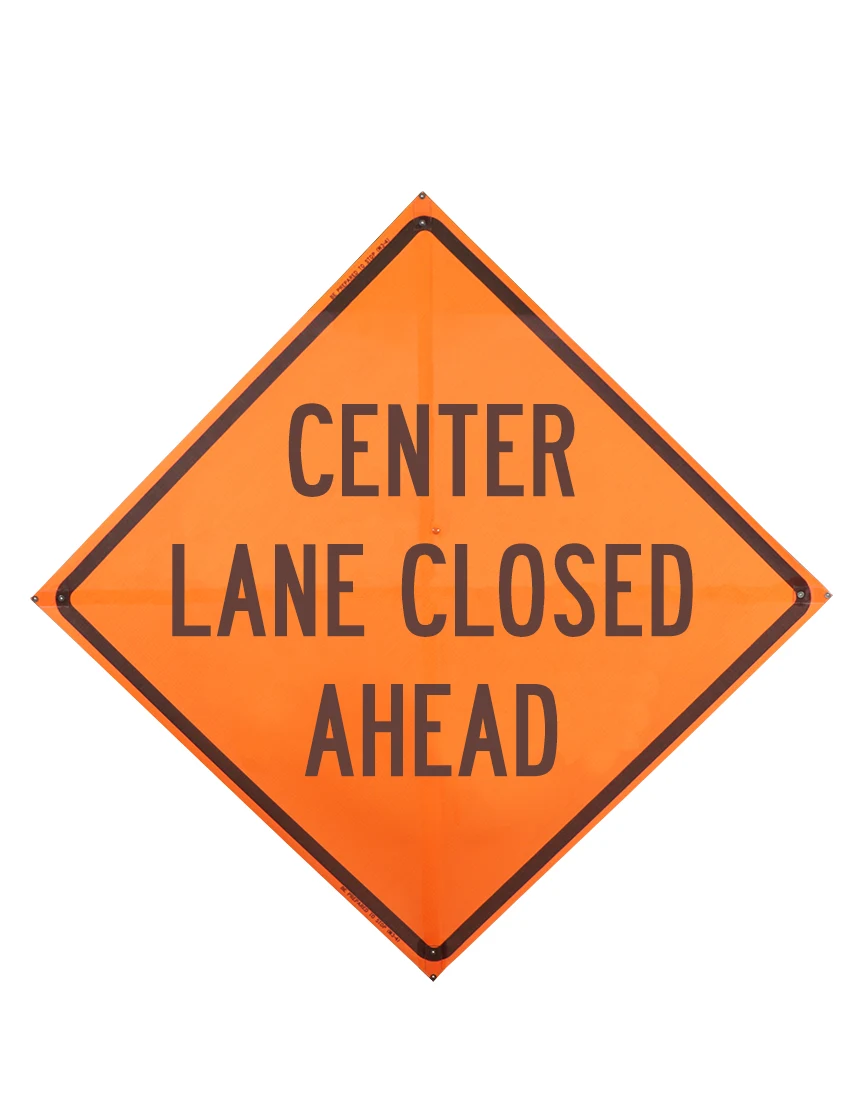 Center lane closed ahead sign sewn pockets Mesh 48 inch x 48 inch