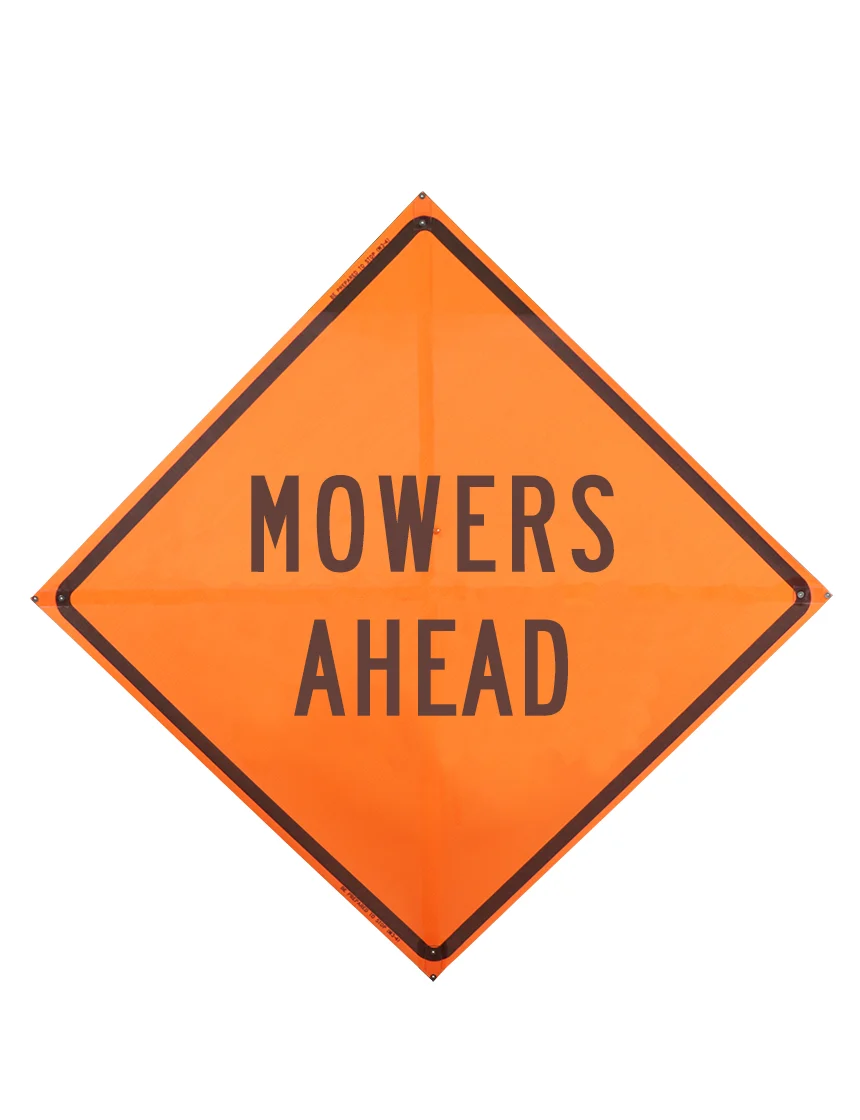 Mowers ahead sign sewn pockets Mesh 36 inch x 36 inch