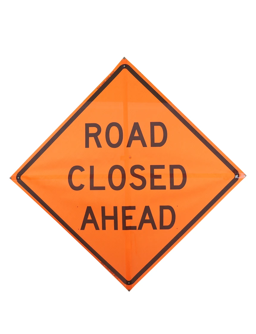 Road closed ahead sign sewn pockets Mesh 36 inch x 36 inch