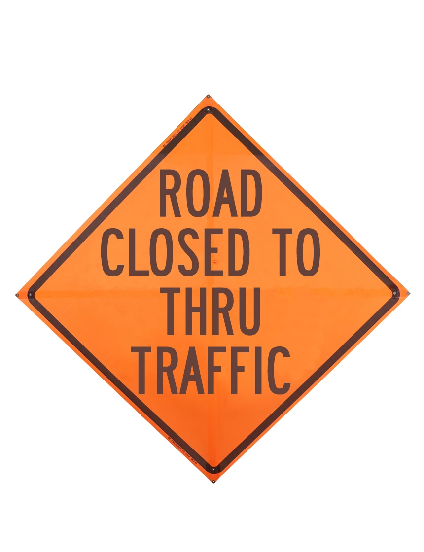Road closed to thru traffic sign sewn pockets Mesh 36 inch x 36 inch