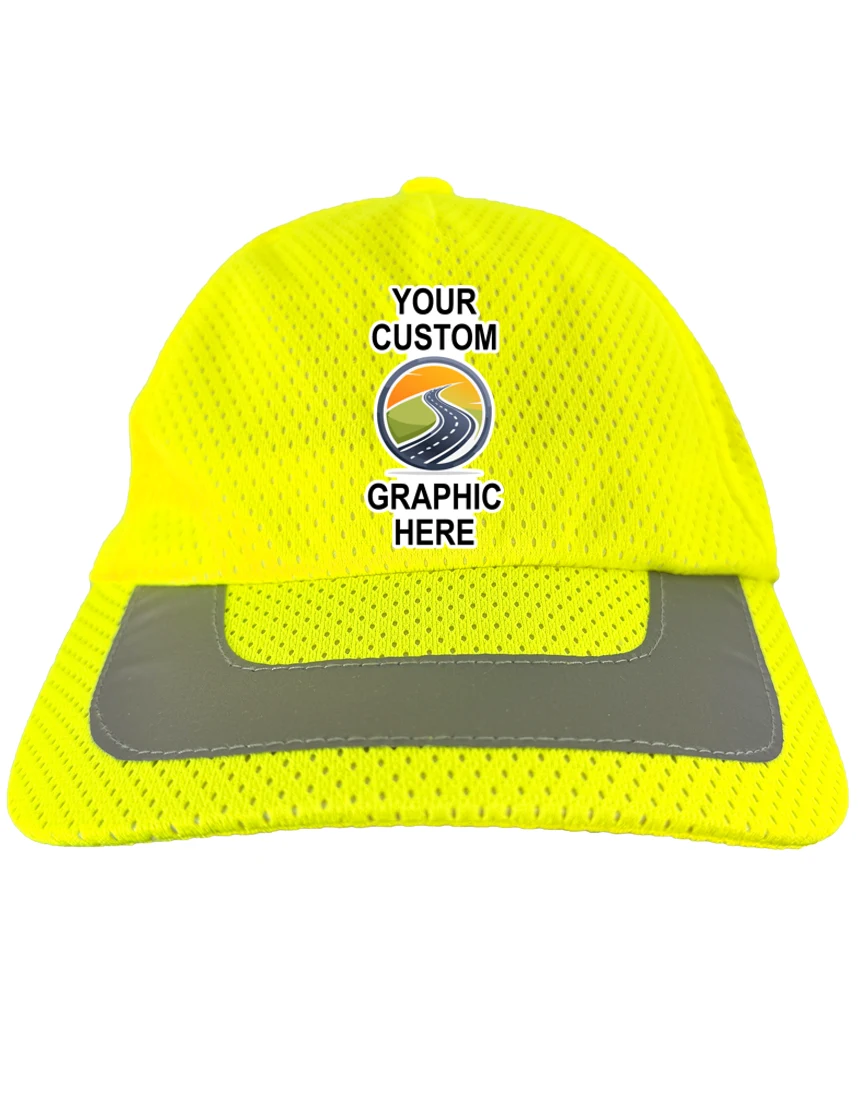 Occunomix High Visibility Lime, Adjustable, Mesh Baseball Cap with Reflective Trim \u0026 Full Color Custom Graphic