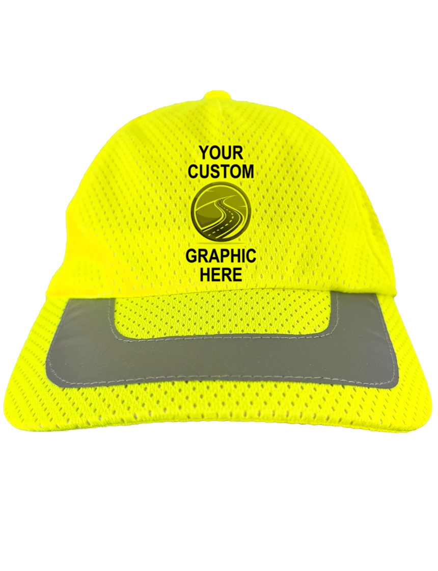 Occunomix High Visibility Lime, Adjustable, Mesh Baseball Cap with Reflective Trim \u0026 Single Color Custom Graphic