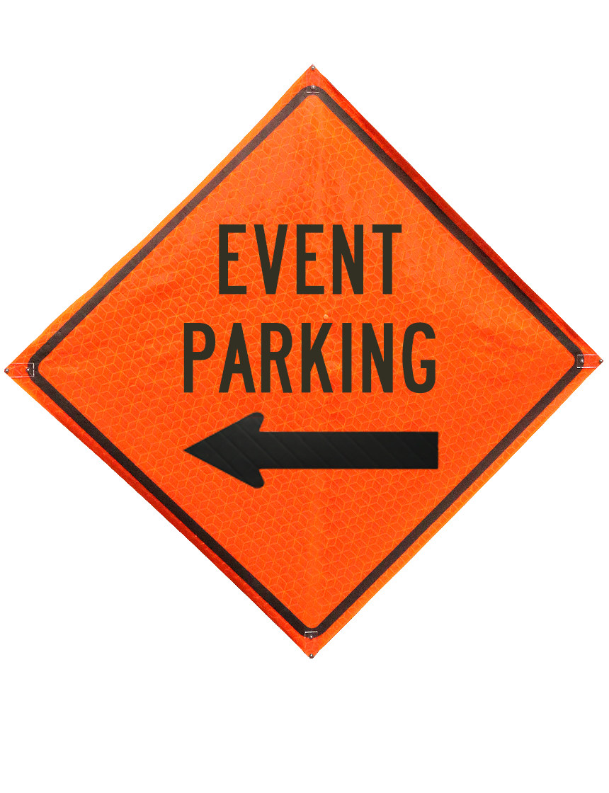 Event parking left arrow sign plastic pockets Marathon 48 inch x 48 inch