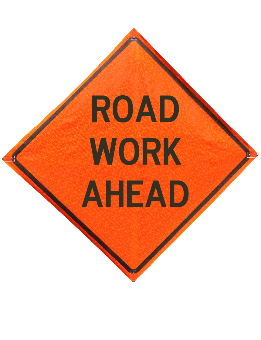 Road work ahead sign sewn pockets Marathon 48 inch x 48 inch