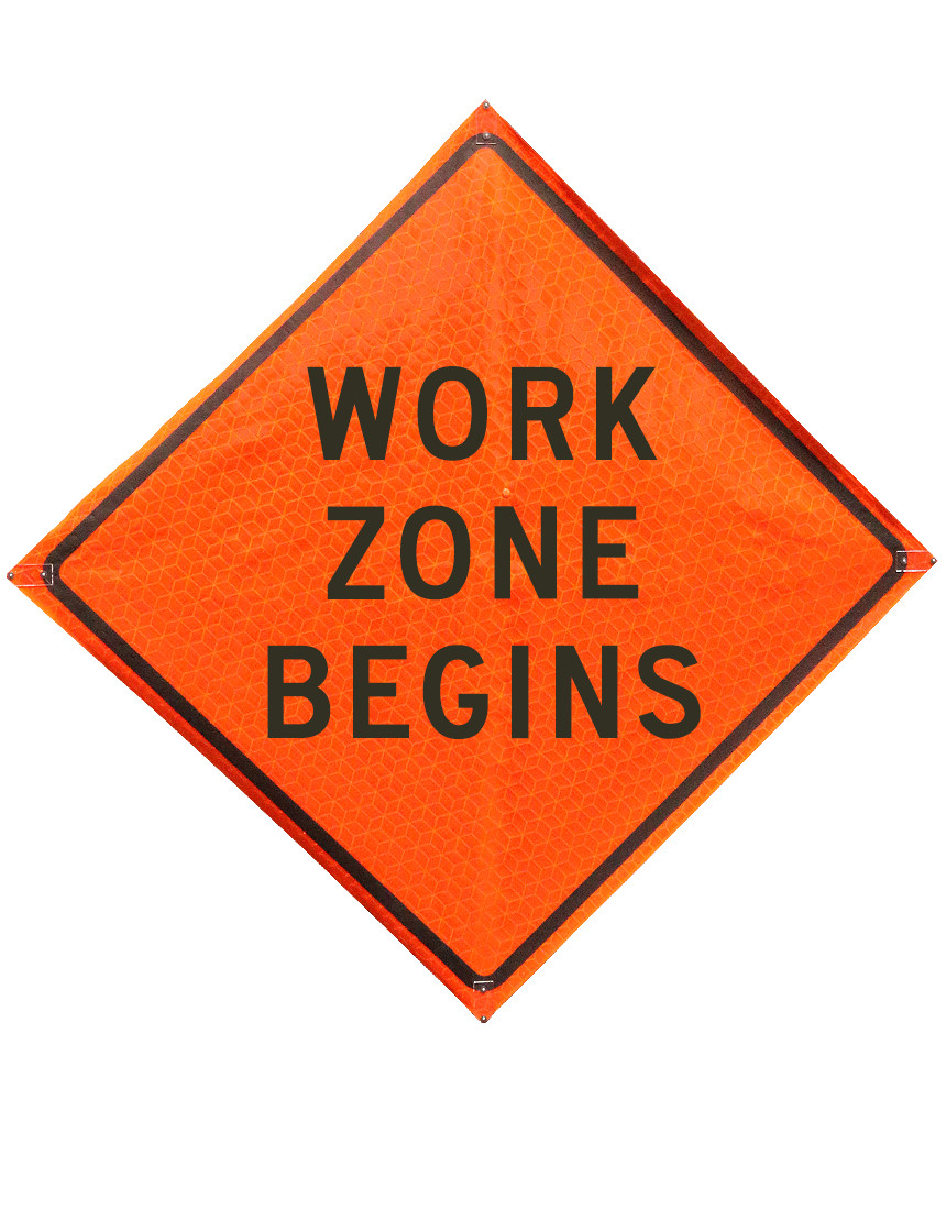 Work zone begins sign plastic pockets Marathon 36 in x 36 in