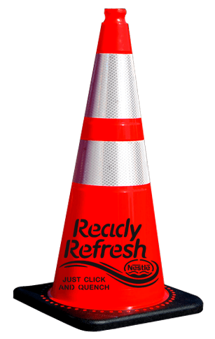 Orange 28 inch 7 lbs JBC Black Base Traffic Cone 6\" \u0026 4\" Reflective Collars and Nestle Waters Custom Logo