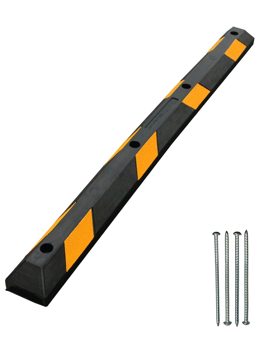 6\u0027 Yellow Low-Profile Rubber Parking Block w/four 14\" Galvanized Rebar Steel Spikes