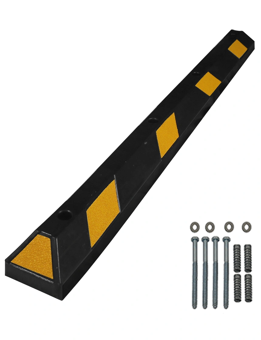 6\u0027 Black Rubber Parking Block with Yellow Reflective Panels \u0026 four 8\" Lag Bolt \u0026 Anchors