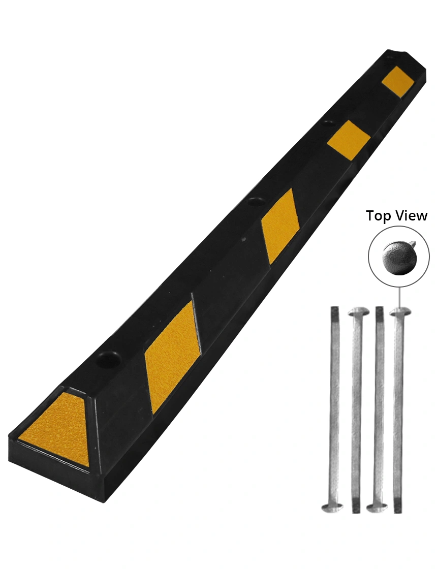 6\u0027 Black Rubber Parking Block with Yellow Reflective Panels \u0026 four 12\" Galvanized Steel Spikes