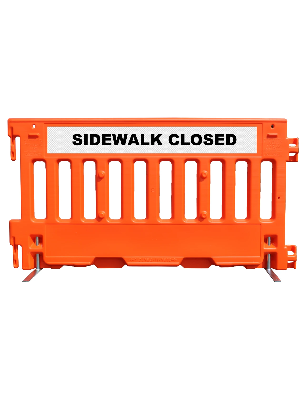 Orange, Pedestrian Wall Barricade w/ T-Legs (72\" L X 3\" W X 38\" H) w/ High Intensity (HI) Sheeting On Top of Both Sides with SIDEWALK CLOSED on the sheeting
