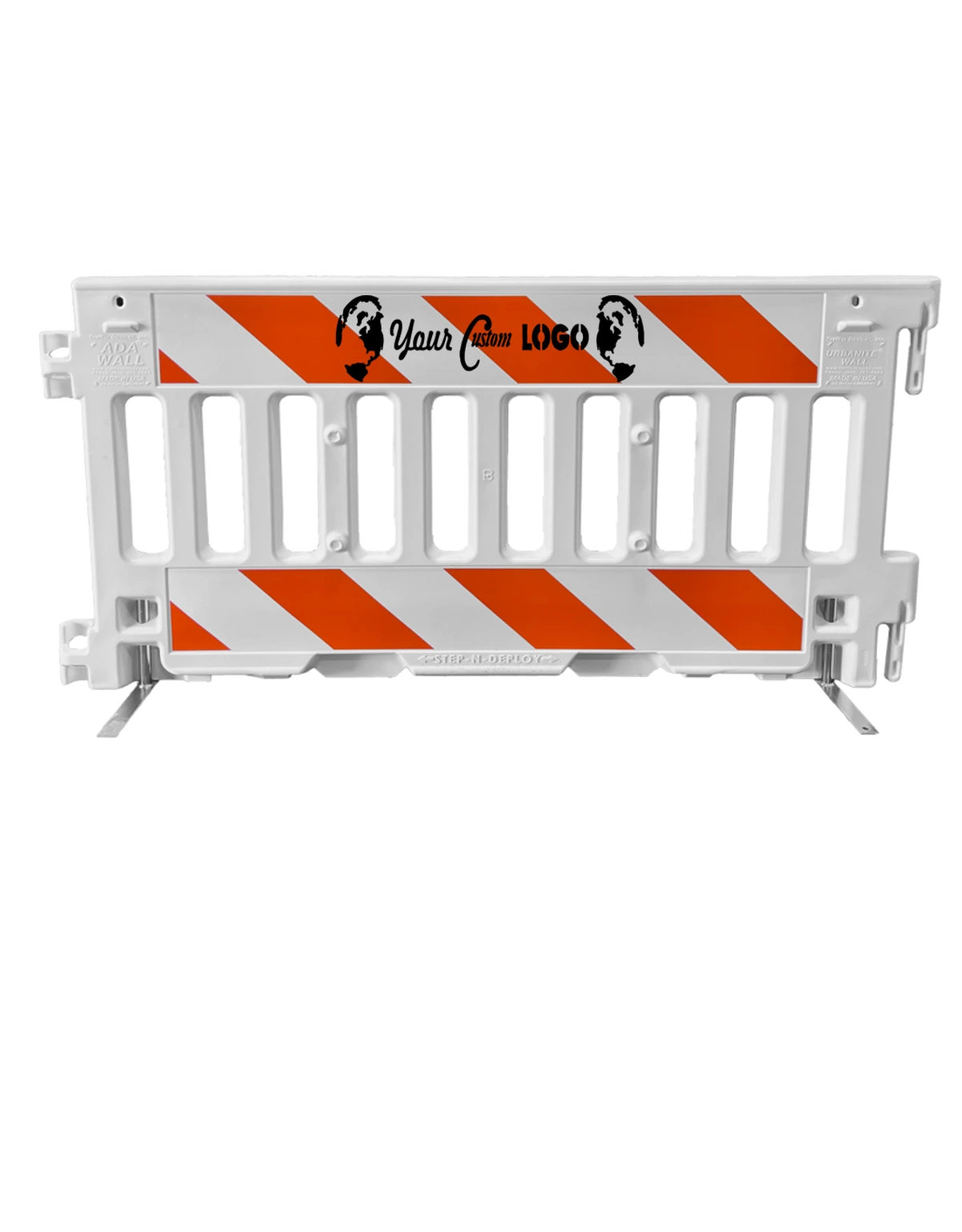 White, Pedestrian Wall Barricade w/ T-Legs (72\" L x 3\" W x 38\" H) with Engineer Grade (EG) Sheeting on Top \u0026 Bottom on Both Sides \u0026 Full Color Custom Graphic