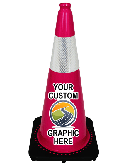Pink 28\" 7 lbs JBC Black Base Traffic Cone w/ 6\" Reflective Collar w/ Full Color Graphic