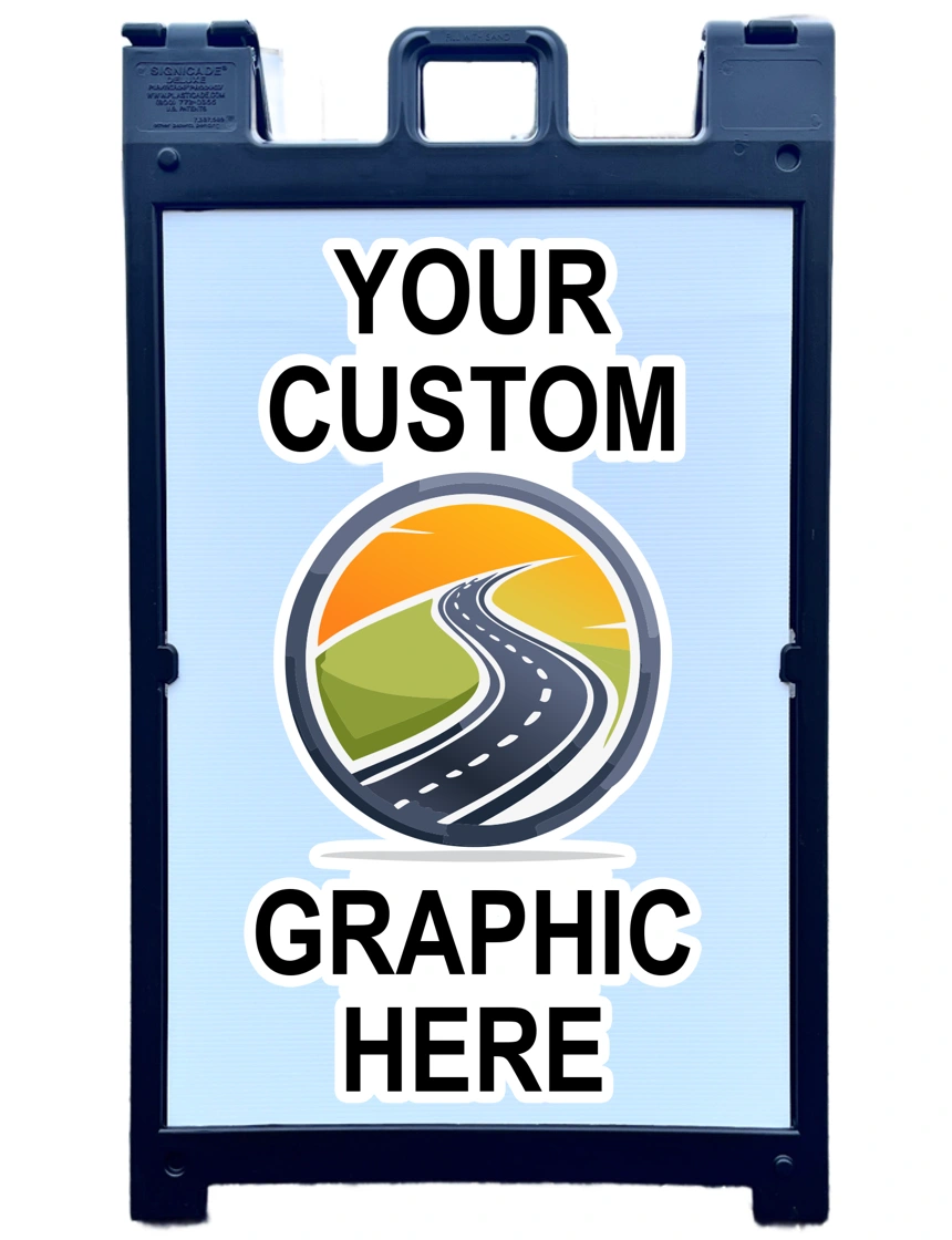 Black Plasticade Signicade Deluxe \u0027Sandwich Style\u0027 Sign Holder with One (1) 36\" x 24\" Coroplast Sign Custom Printed in Full Color