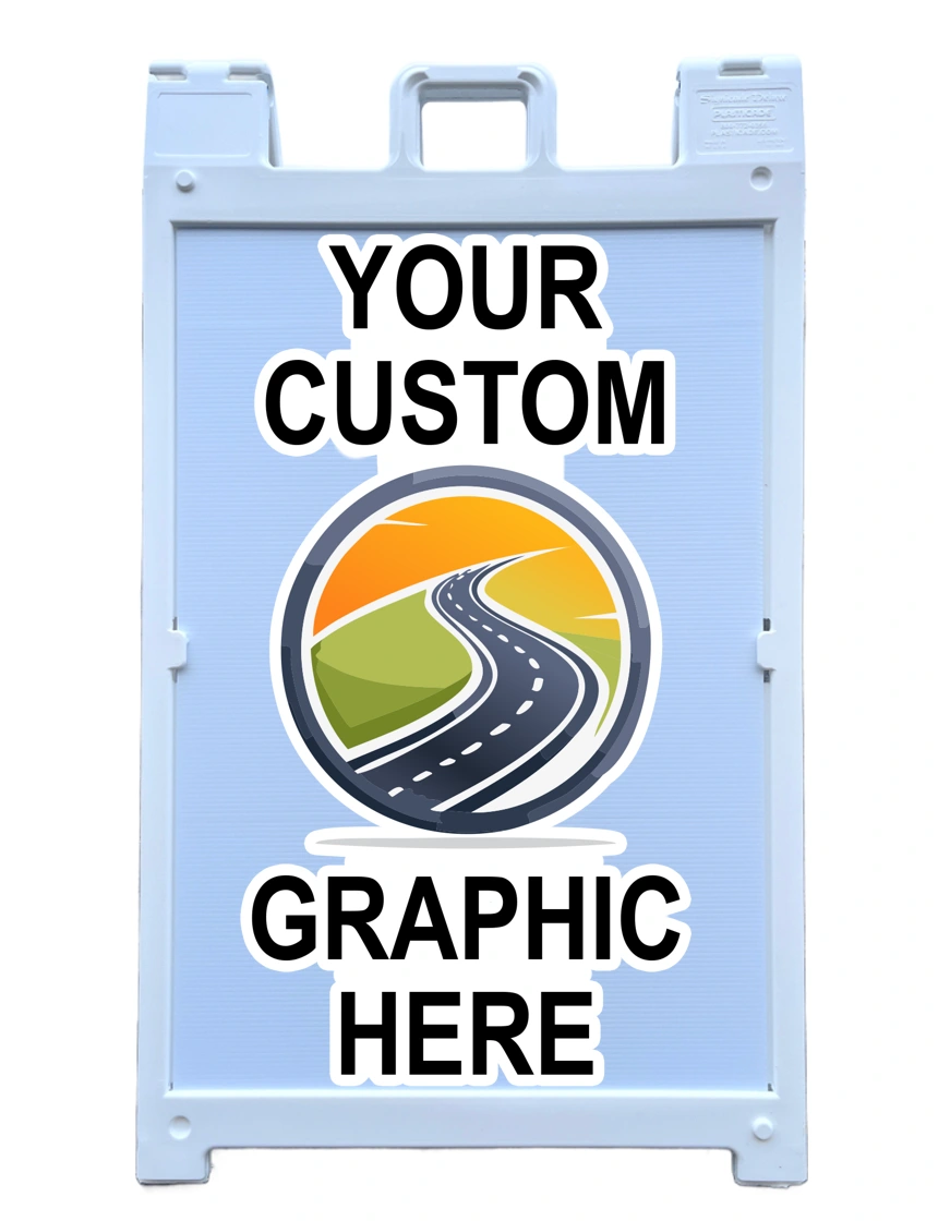 White Plasticade Signicade Deluxe \u0027Sandwich Style\u0027 Sign Holder with Two (2) 36\" x 24\" Coroplast Sign Custom Printed in Full Color