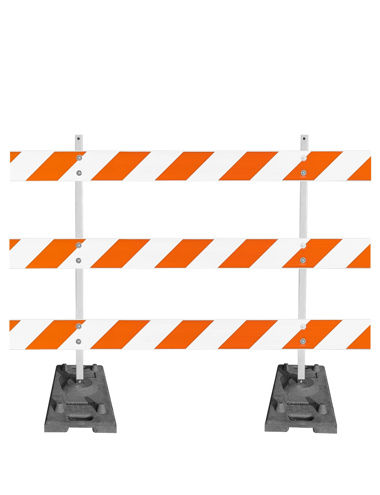 63\" Tall MUTCD Type III Barricade -Plastic Power Post Uprights, Rubber Ballast Feet \u0026 Three 8\u0027 Plastic Boards w/HI Sheeting