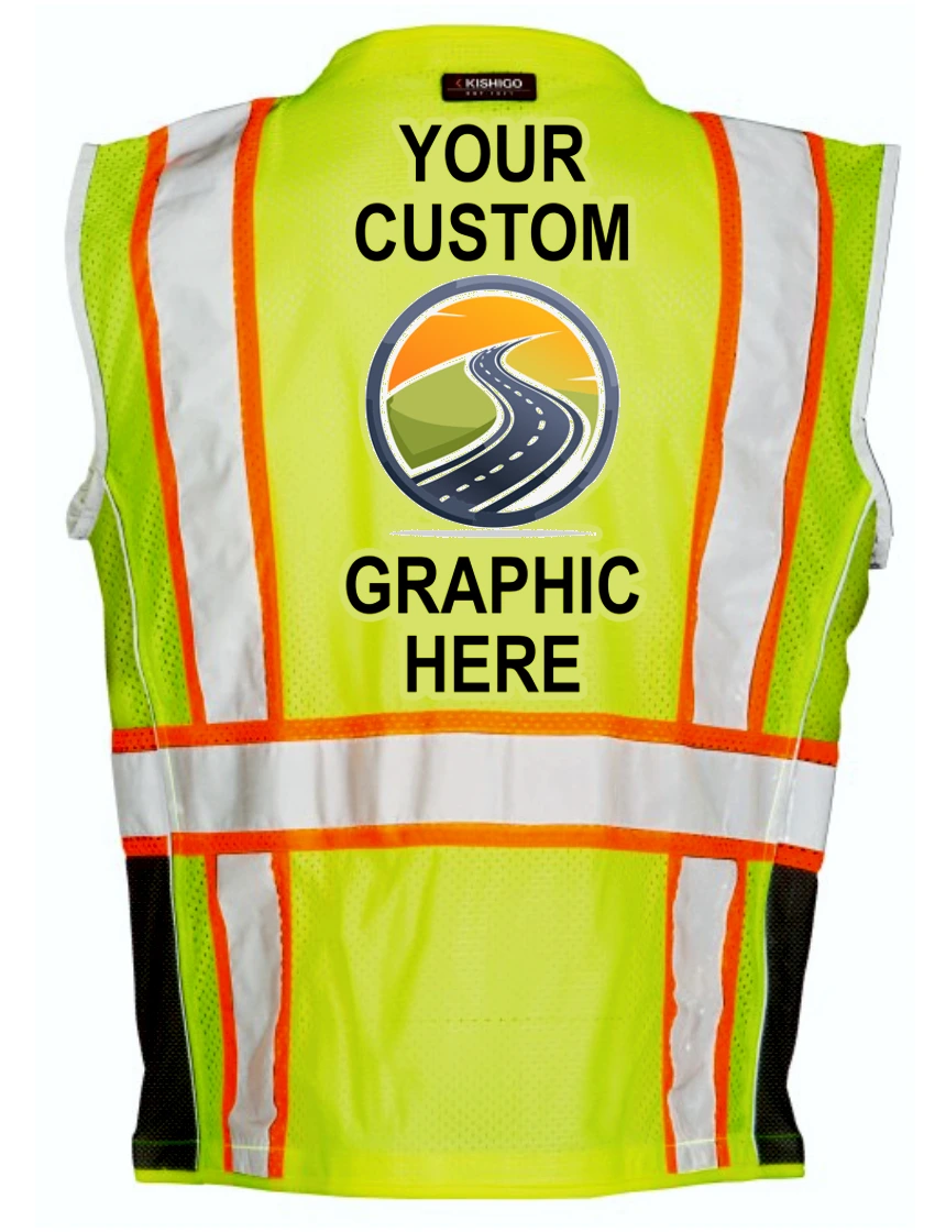 Kishigo Premium Black Series Lime, Class 2 Safety Vest, 4XL with Full Color Custom Graphic