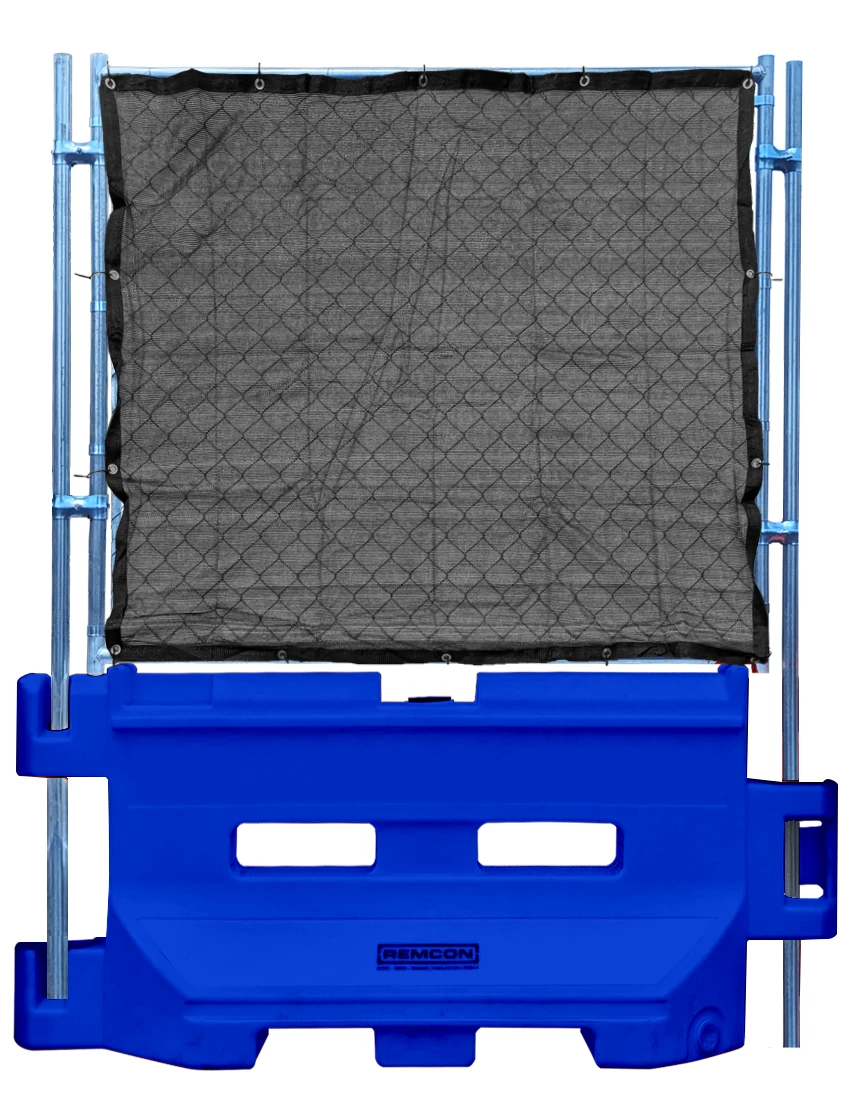 remcon 36 inch water filled construction barrier bright blue  optional fence panel with black privacy screen