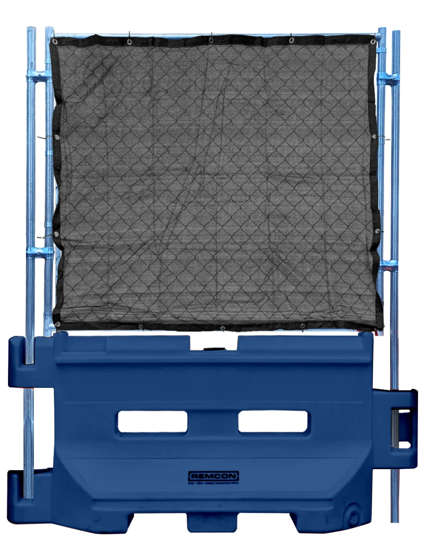 remcon 36 inch water filled construction barrier dark blue  optional fence panel with black privacy screen