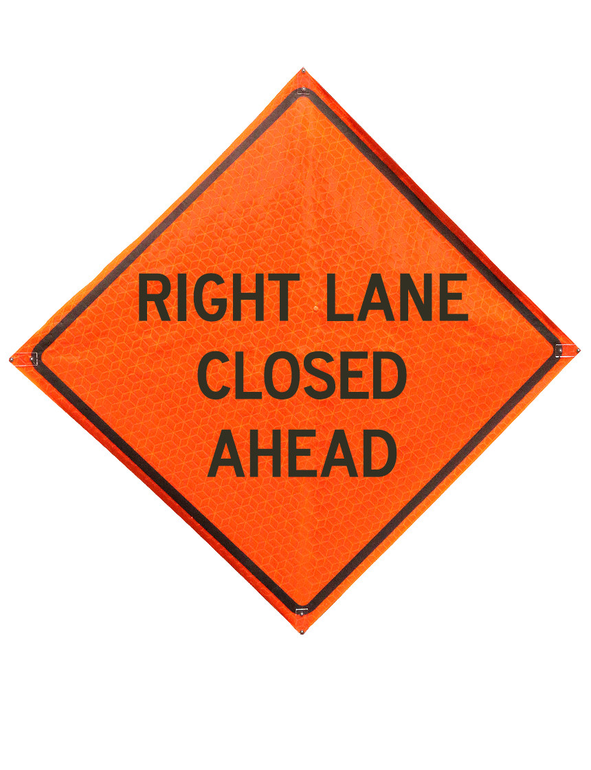 36\", Heavy Duty, Marathon Reflective Roll Up Sign, Right Lane Closed Ahead