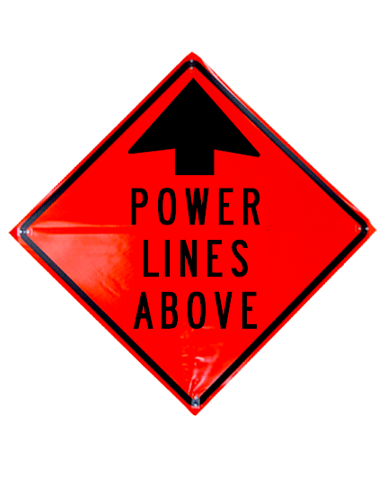 power lines above with arrow roll up sign sewn pockets non reflective 36 inch by 36 inch