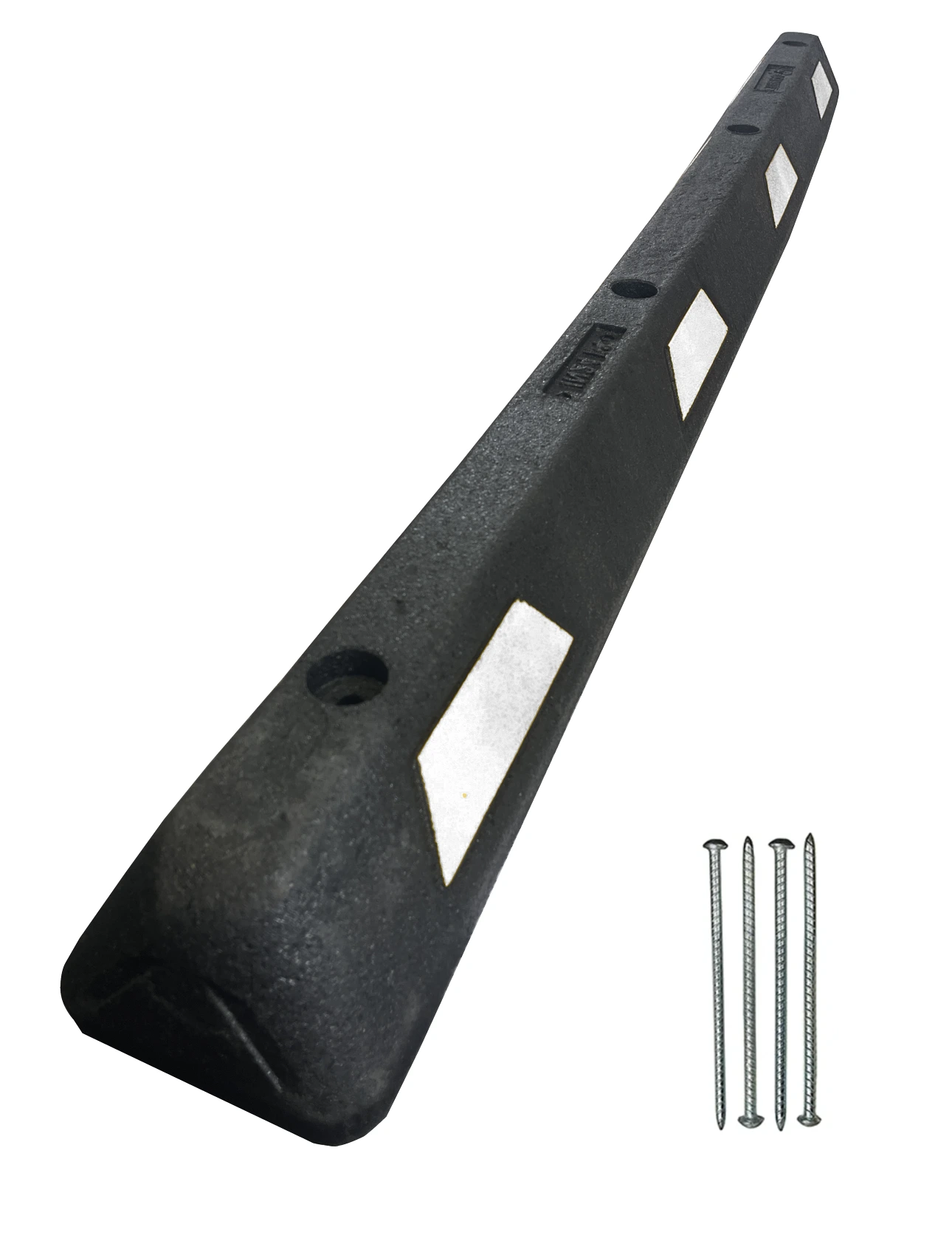 6\u0027 Black \u0026 White Plasticade Recycled Rubber Parking Block w/ 14\" Steel Rebar Spikes