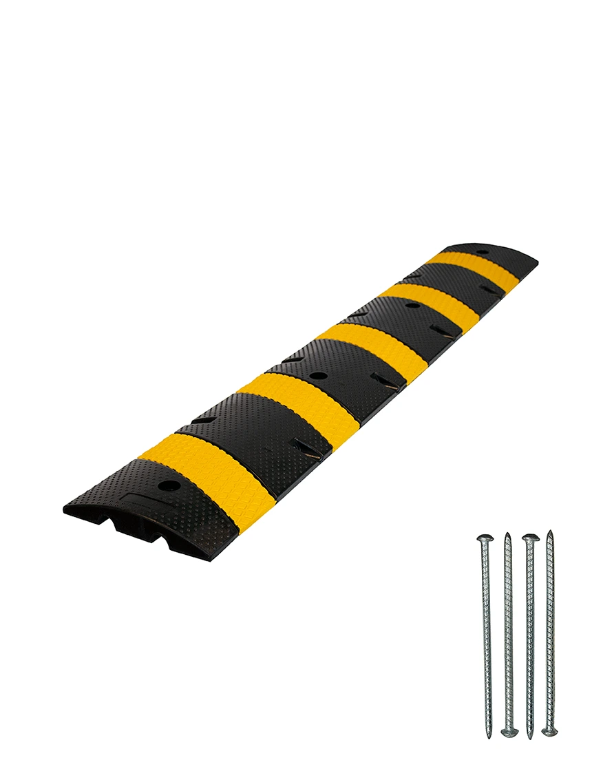 6\u0027 Economy Black \u0026 Yellow Rubber Speed Bump with Four (4) 14\" Rebar Spikes