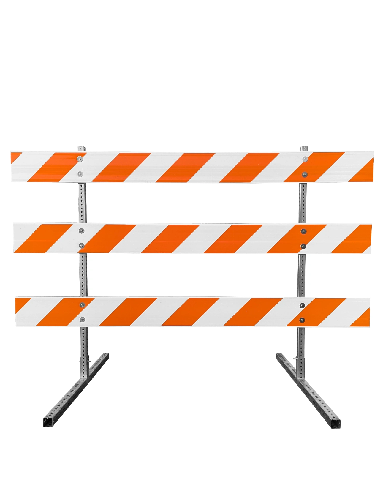 63\" Tall MUTCD Type III Barricade -Square Steel Sign Post Uprights, Square Steel Sign Post Feet \u0026 Three 8\u0027 Plastic Boards w/HI Sheeting