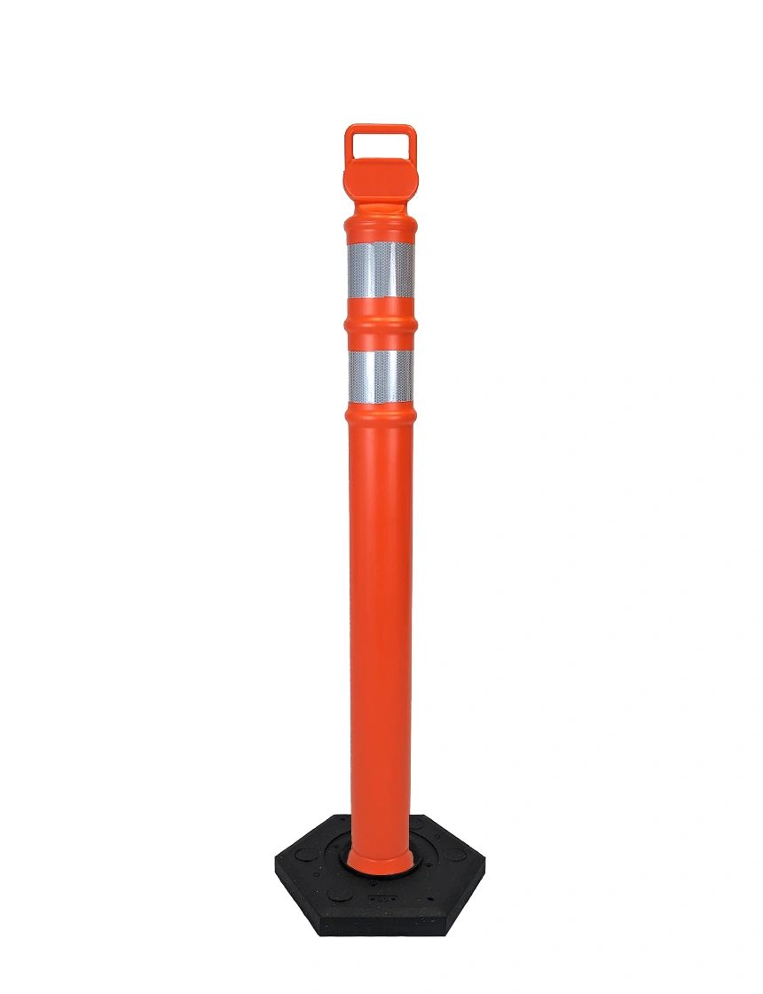 Orange 45\" Cortina EZ Grab delineator tube with two 3\" reflective collars \u0026 12 lb rubber base