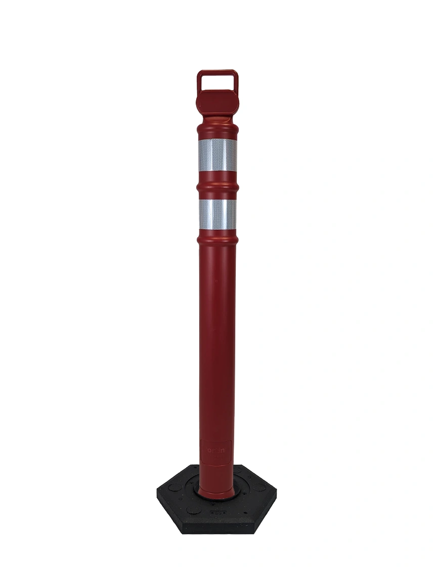 Red 45\" Cortina EZ Grab delineator tube with two 3\" reflective collars \u0026 12 lb rubber base with Full Color Graphic