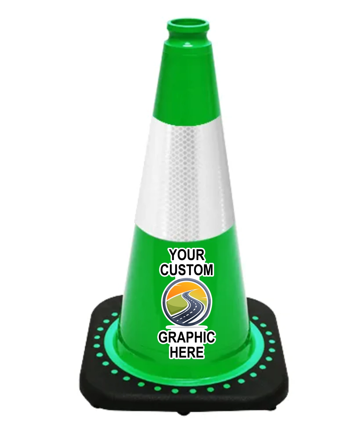 Green 18\" JBC Black Base Traffic Cone w/ 6\" Reflective Collar w/ Full Color Graphic