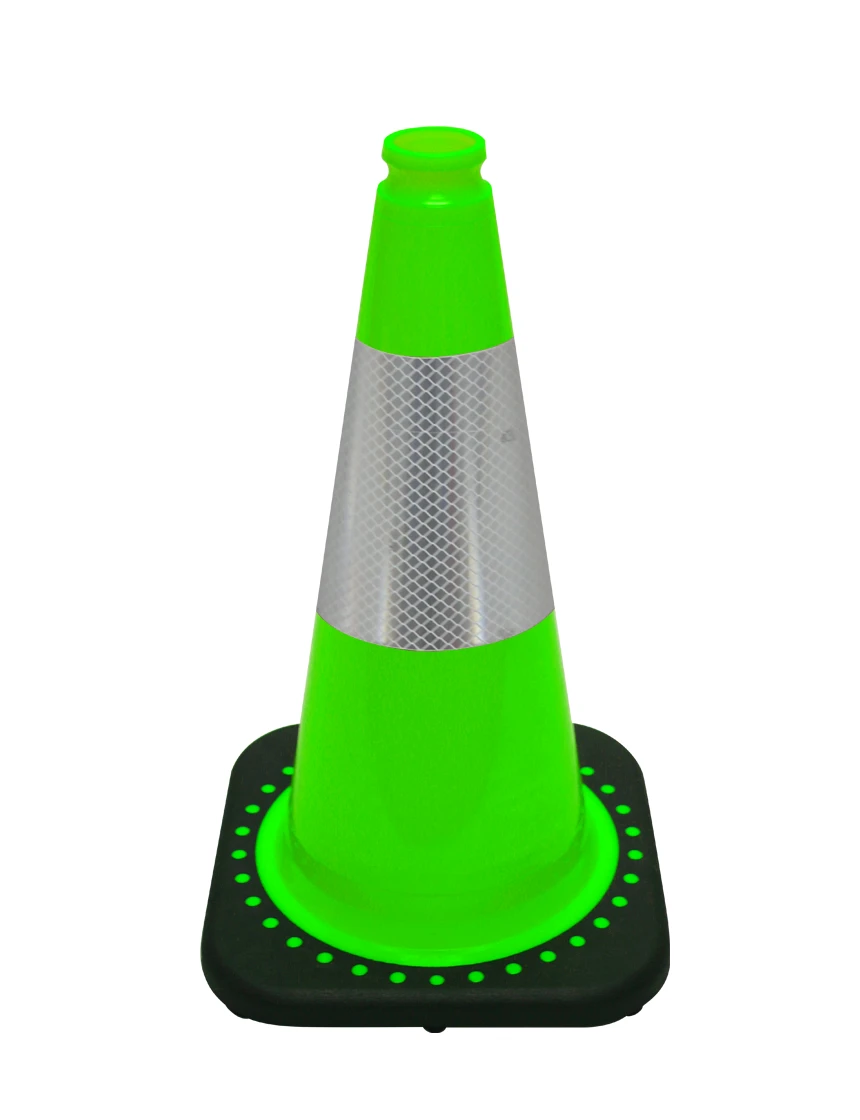 Lime 18\" JBC Black Base Traffic Cone w/ 6\" Reflective Collar