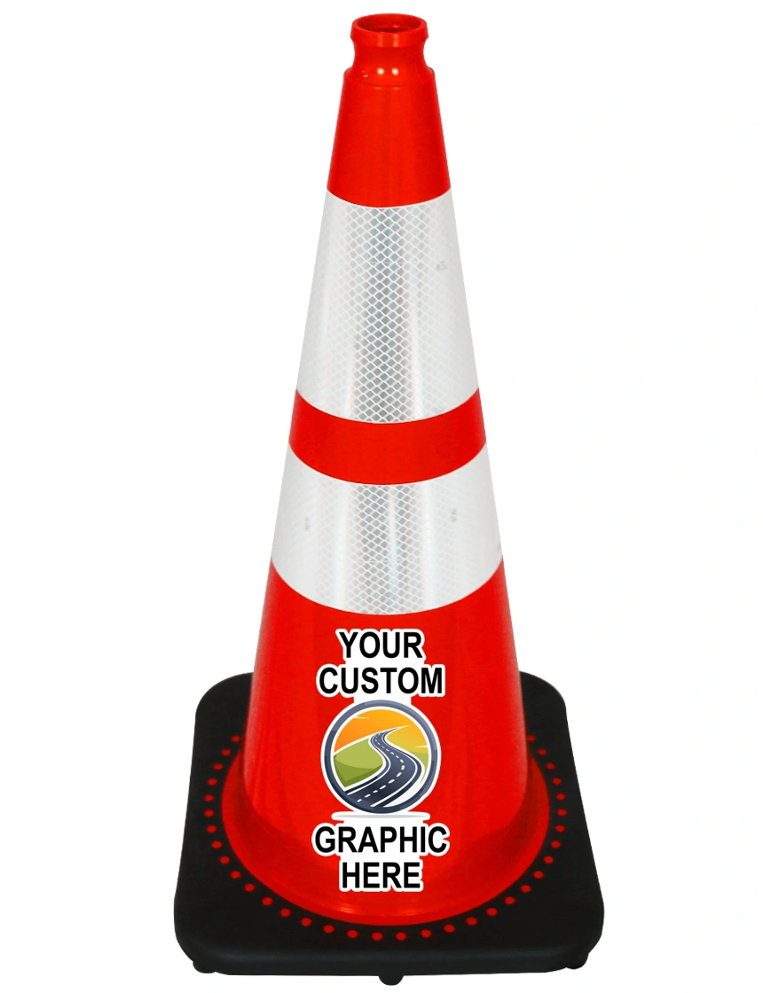 Orange 28\" 7 lbs JBC Black Base Traffic Cone w/ 6\" \u0026 4\" Reflective Collar w/ Full Color Graphic