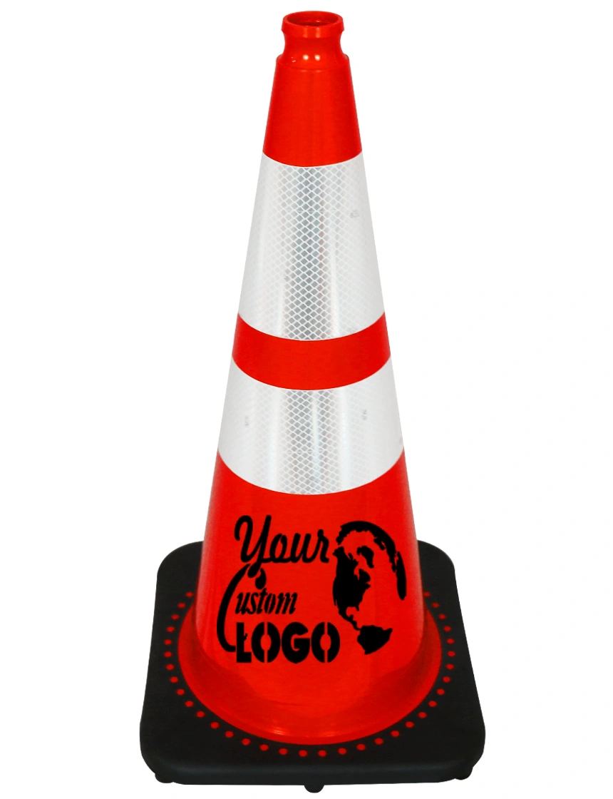 Orange 28\" 7 lbs JBC Black Base Traffic Cone w/ 6\" \u0026 4\" Reflective Collar w/ Single Color Graphic