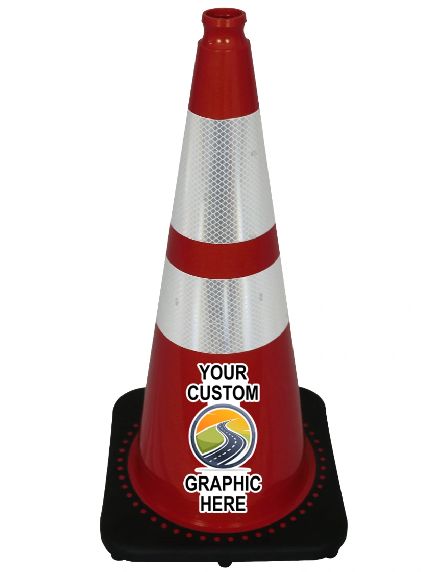 Red 28\" JBC Traffic Cone w/ 6\" \u0026 4\" Reflective Collars w/ Full Color Graphic