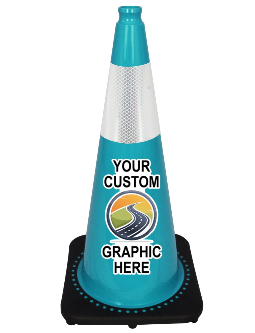 Teal 28\" 7 lbs JBC Black Base Traffic Cone w/ 6\" Reflective Collar w/ Full Color Graphic