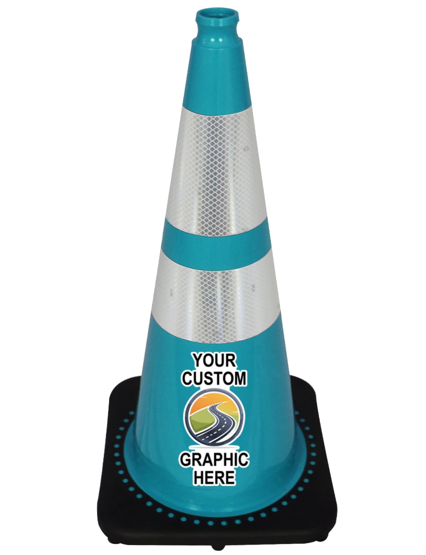 Teal 28\" Traffic Cone w/ 6\" \u0026 4\" Reflective Collars w/ Full Color Graphic